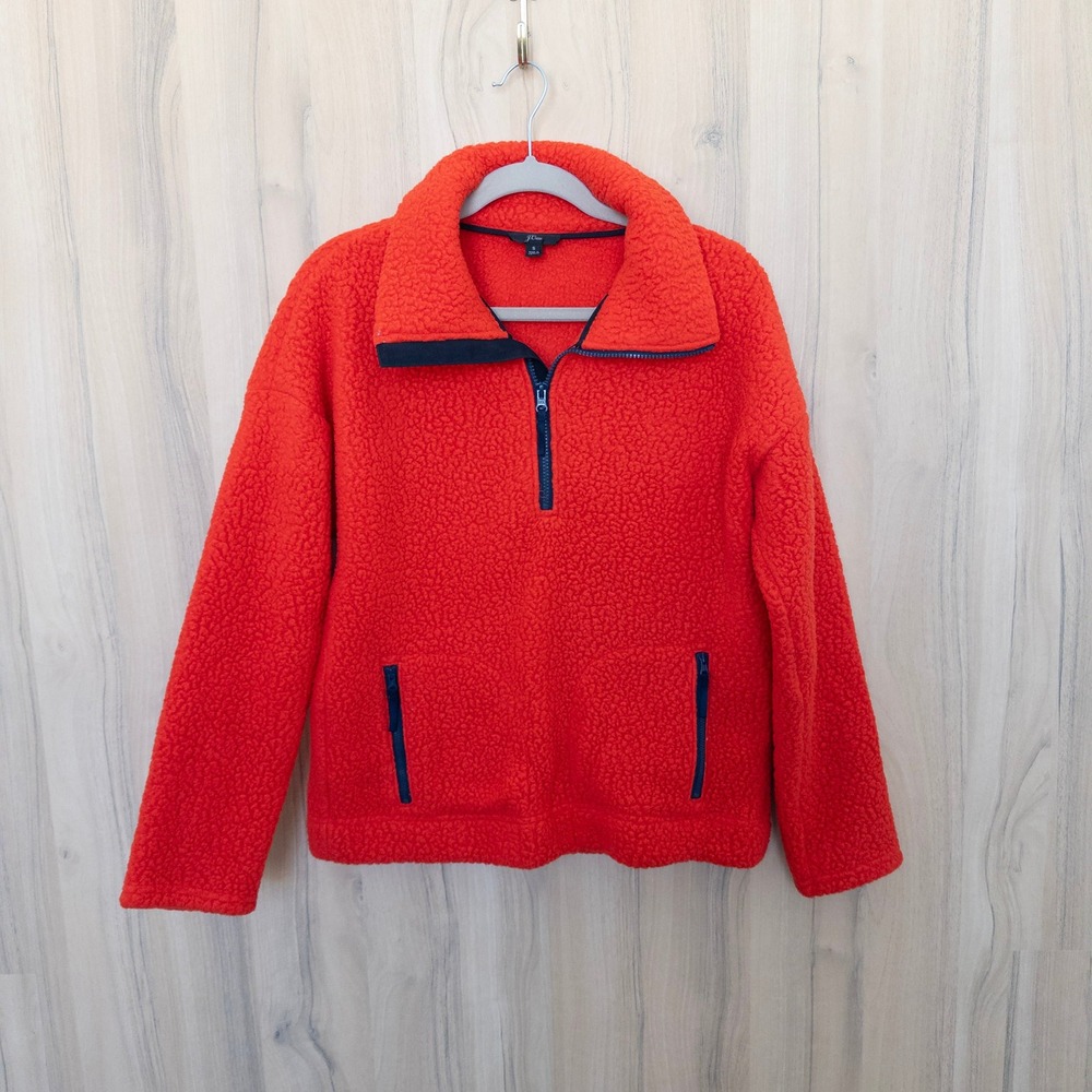 J.Crew Womens Sherpa Fleece Pullover S Orange  Half Zip Jacket Outdoor Cozy